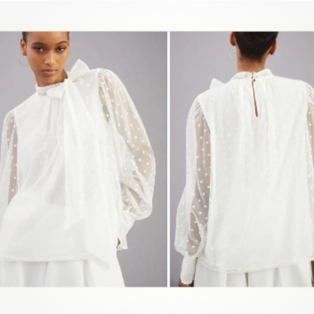 Anthropologie Maeve Flock Dotted Tulle High Neck Tie Blouse - NWT